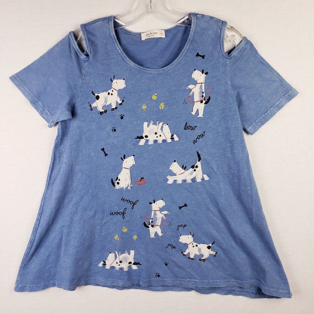 JESS & JANE Tunic Top Dog Graphic Print Flowy Casual Art-to-Wear Blue size S
